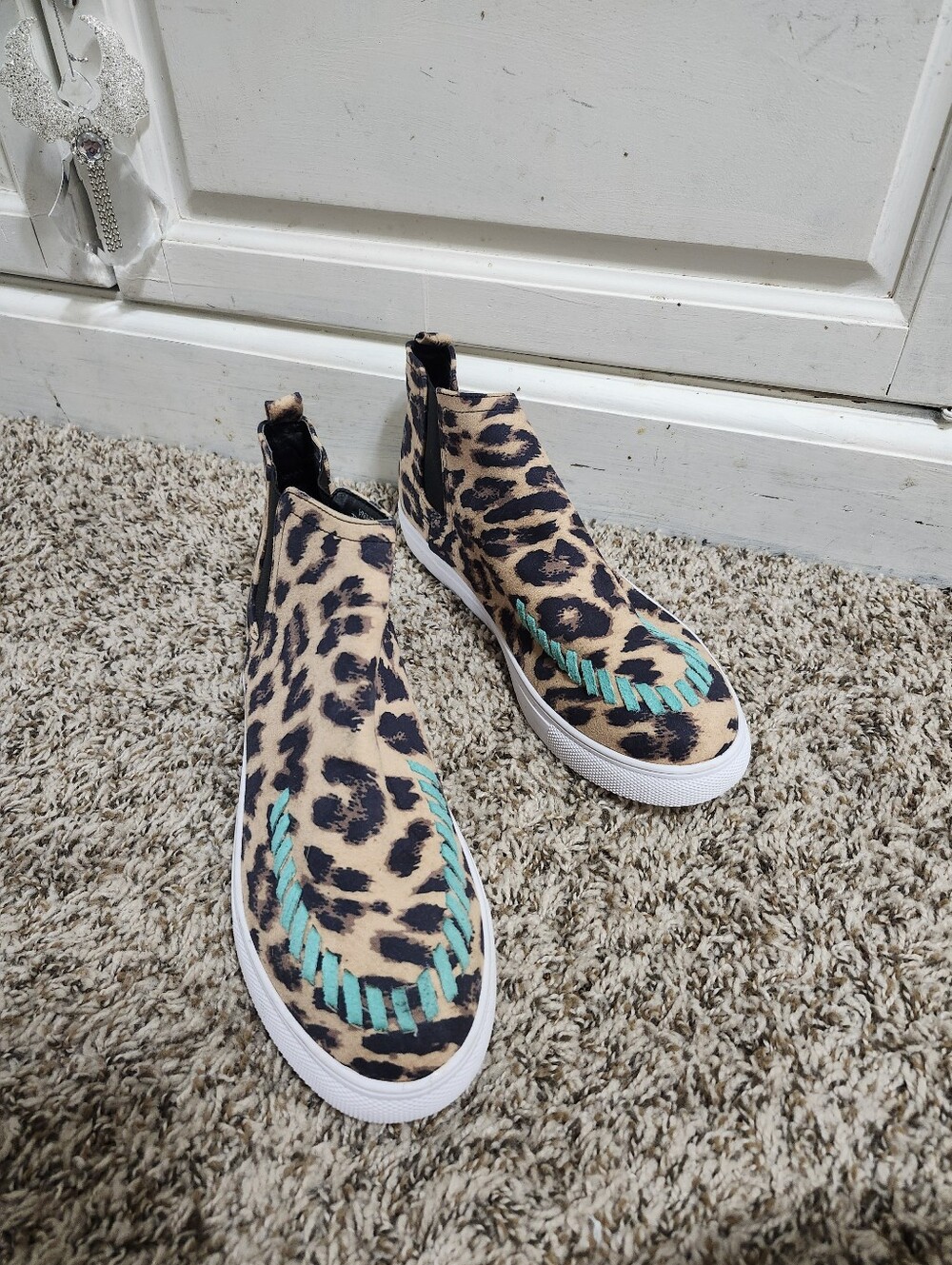 Crazy Train Leopard Print Slip-On Sneakers with Turquoise Accent 10